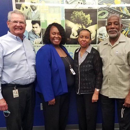 In October of 2021, Kimberly Ford met with Henry Graham and incoming Director of Sheridan Tech, Cara Daniel and Tom Moncilovich, retiring as Sheridan Tech Director.  Picture (L to R) are Tom Moncilovich, Director Cara Daniel, Kimberly Ford and Henry Graham.